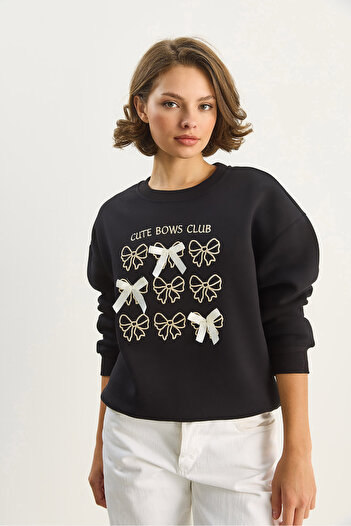 Bianco Lucci Women's Three Thread Raised Sweatshirt with Bow Embroidery and Ribbon Accessories 60601048