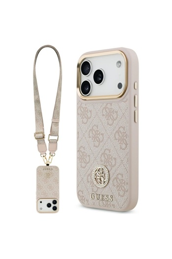 Guess Case for iPhone 17 Pro, 4G Strass Logo with Big Strap Metal Button MagSafe, Slim Protection, Pink