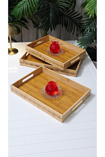 behila Bamboo 3-Layer Rectangular Presentation Tray Coffee Tea Tray