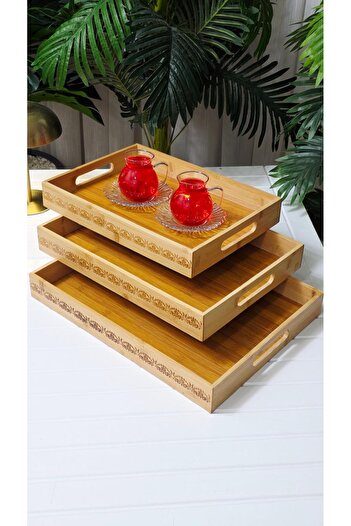 behila Bamboo 3-Layer Rectangular Presentation Tray Coffee Tea Tray