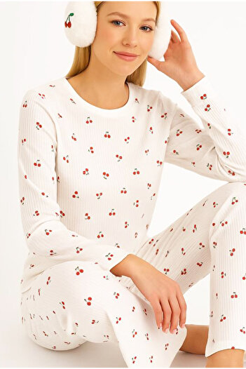 Siyah İnci White Cherry Pattern Soft Touch Winter Ribbed Cotton Knitted Pajamas Set 7956