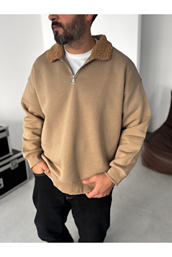 BYBASICMAN Açık Kahve Peluş Yaka Fermuarlı Sweatshirt YP-5023