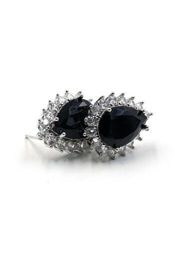 Sose Moda Black Zircon Stone Drop Model Evening Dress Earrings - Stylish Earrings in Shiny Silver Color
