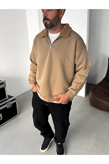 BYBASICMAN Light Brown Plush Collar Zippered Sweatshirt Yp-5023