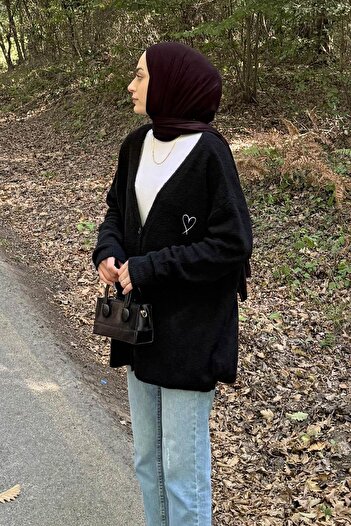 lamelif Heart Embroidery Detailed Oversize Cardigan Black