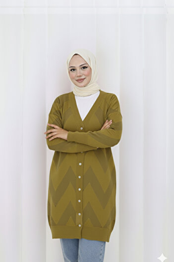 benguen Patterned Long Mercerized Cardigan N3193 Khaki