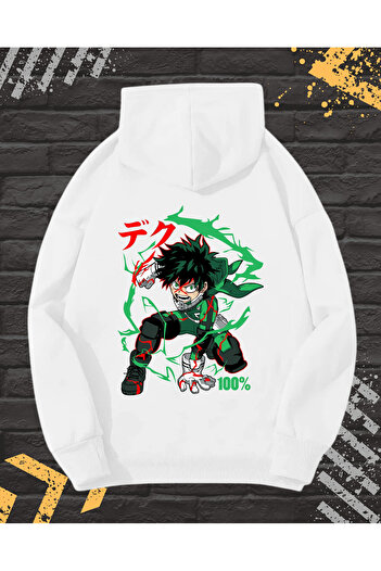 OEM - Men's Hoodie with Embroidery and Print, Izucu Midoriya, Cotton, White, L INTL