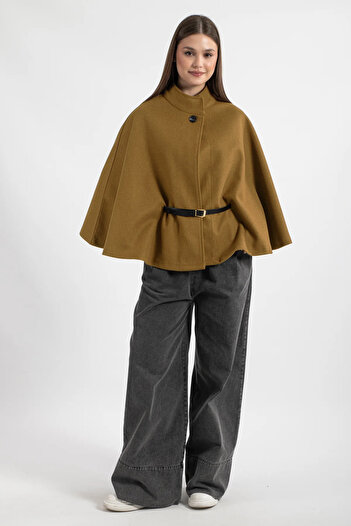 Hatun Atila Women's Belted Cashmere Cape Poncho 8720 Light Brown