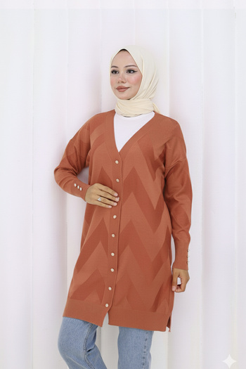 benguen Patterned Long Mercerized Cardigan N3193 Tile