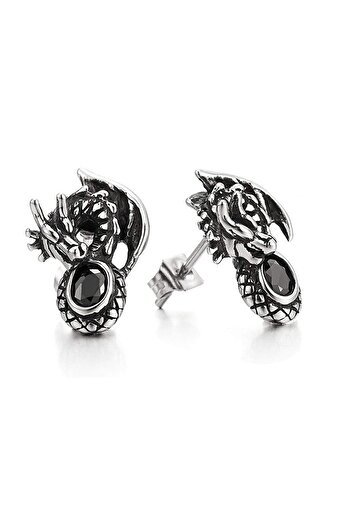 Viking Dragon Black Zircon Stone Design Studded Model 316L Stainless&Non-Tarnish Steel Earrings