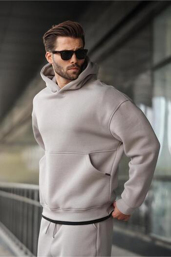 Madmext Painted Gray Hooded Kangaroo Pocket Men's Tracksuit Set E7338