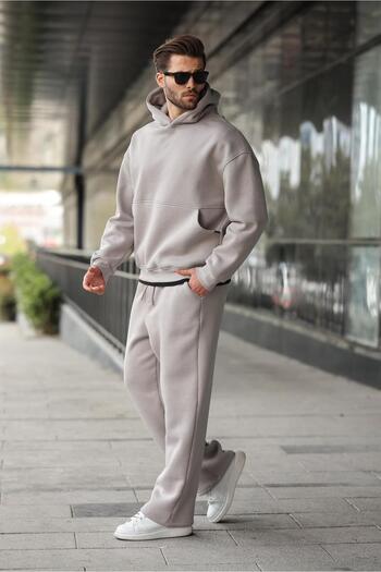 Madmext Painted Gray Hooded Kangaroo Pocket Men's Tracksuit Set E7338