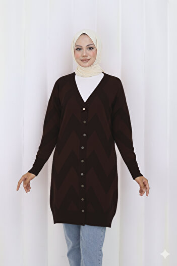 benguen Patterned Long Mercerized Cardigan N3193 Brown