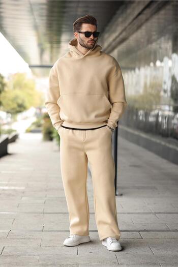 Madmext Beige Hooded Kangaroo Pocket Men's Tracksuit Set E7338