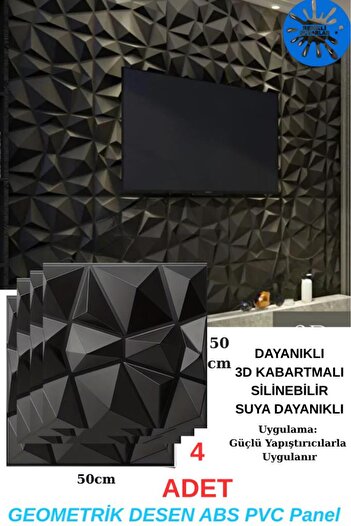 Renkli Duvarlar 1m² (50Cmx50Cm 4 Pieces) Black 3D Abs Pvc Geometric Patterned Durable Wall Panel Erasable
