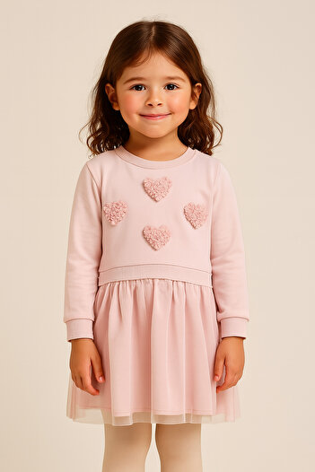 Eray Kids Kız Çocuk Kalpli Tüllü Sweatshirt Pembe Elbise (3-4-5-6 Yaş)
