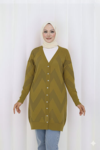 benguen Patterned Long Mercerized Cardigan N3193 Khaki