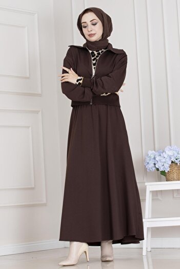 Sevitli Zippered Skirt Suit-Brown