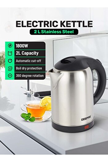 Geepas Stainless Steel Electric Kettle With Auto Shutt off and Boil Dry Protection 2 L 1800 W GK5466