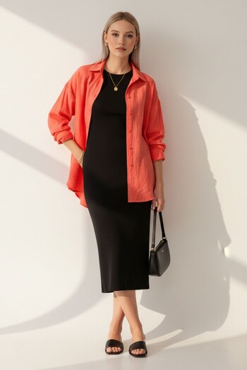 Kübra Tekstil Women's Coral Classic Regular Fit Button down Long Sleeve Woven Relaxed Fit Blouse, Women's Shirt Blouse