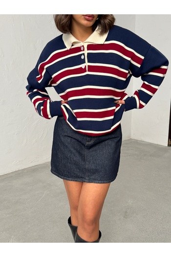 BEJNA Γυναικείο Πλεκτό Πόλο με ριγέ λαιμόκοψη Navy Blue