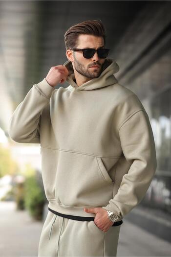 Madmext Mint Green Hooded Kangaroo Pocket Men's Tracksuit Set E7338