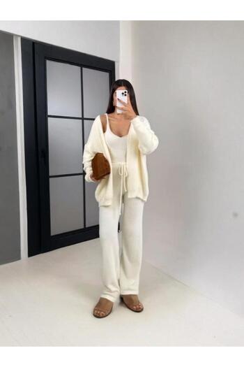 My Blog Ecru 3-Piece Plush Cardigan Set - 1010