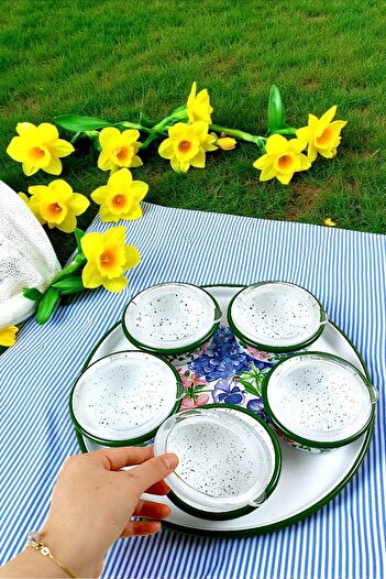 İnci Emaye 6 Piece Medium Size Patterned Enamel Breakfast Set with Lid, Presentation Plate, Breakfast Plate, Jam Bowl, Olive Bowl