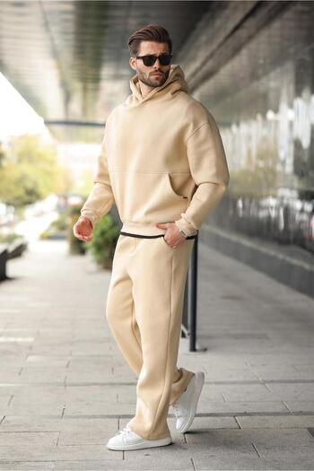 Madmext Beige Hooded Kangaroo Pocket Men's Tracksuit Set E7338