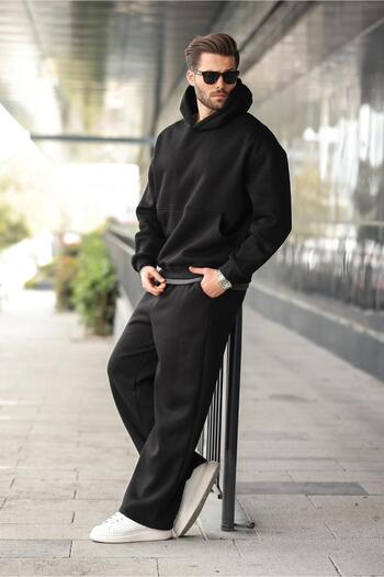 Madmext Black Hooded Kangaroo Pocket Men's Tracksuit Set E7338