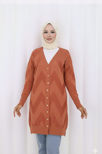 benguen Patterned Long Mercerized Cardigan N3193 Tile