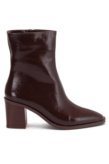 Dilimler Ayakkabı Brown Women's Thick Heeled Boots Patent Leather Blunt Toe Flat Bottom