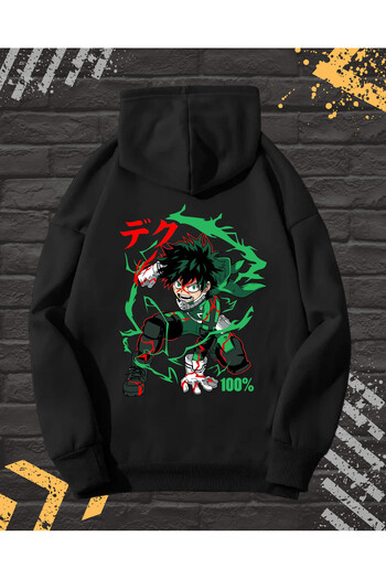 OEM - Men's Hoodie with Embroidery and Print, Izucu Midoriya, Cotton, Black, XXL INTL