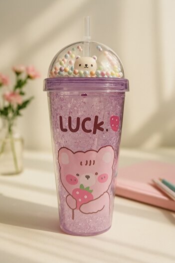 BiTon Toptan Crazy Bear Water Bottle with Straw, Ice Glass Look, Led Light, 450 Ml, Double Layer Mica 2093 Purple