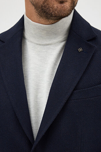 Frappoli Lanz Men's Dark Navy Blue Cashmere Fabric Half-Lined Mono Collar Sports Blazer Jacket with Pocket