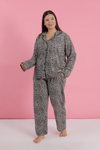 Akbeniz Set de pijamale cu nasturi cu imprimeu leopard pentru femei de mărime mare
