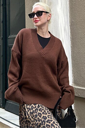 ELBA STİL Brown V-Neck Oversize Women's Knitwear Sweater