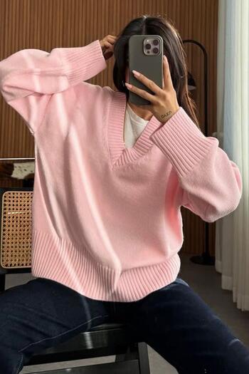 ELBA STİL Pink V-Neck Oversize Women's Knitwear Sweater