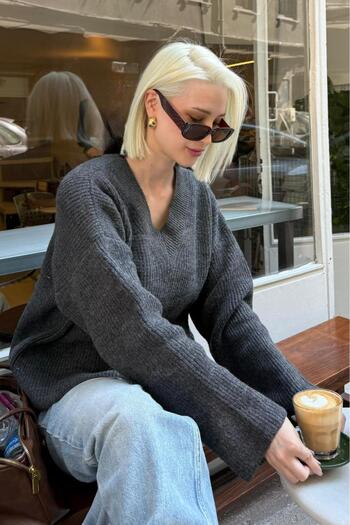 ELBA STİL Anthracite V-Neck Knitwear Women's Sweater
