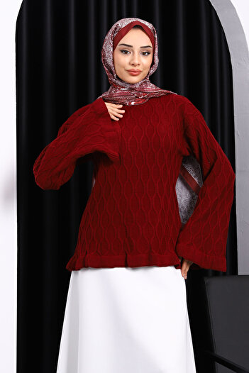 İmajButik Burgundy Waist and Sleeve Cuff Ruffled Knit Sweater