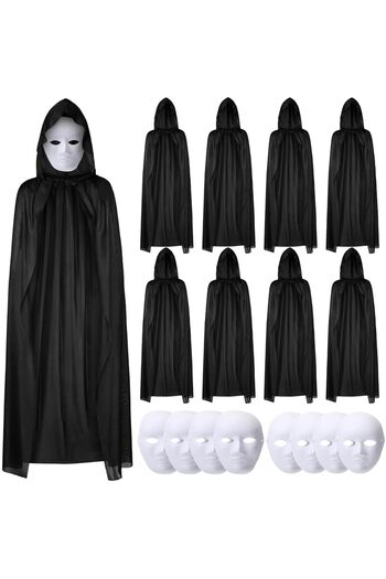 Mustran 120 cm Black Hooded Cape and Paintable Cardboard Mask Set of 8