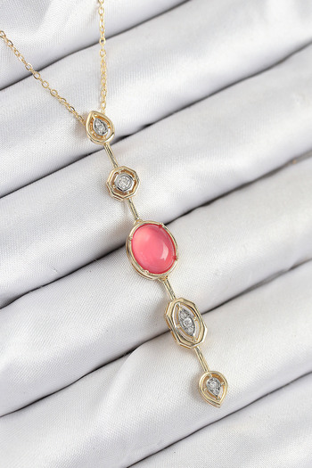 Mustran Brass Chain Pink Gold Color Zircon Stone Y Necklace