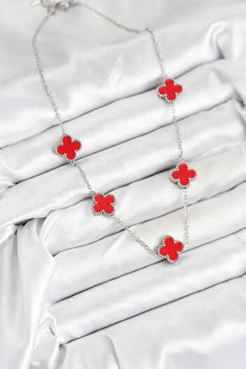Mustran 316L Steel Chain Silver Red Color Clover Women Necklace