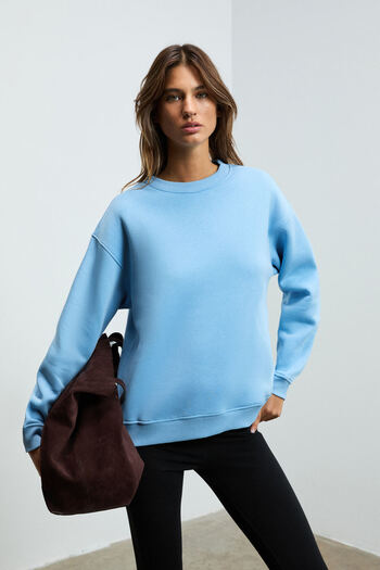 GRIMELANGE Susana Women's Crew Neck Fleece Lined Oversize Fit Basic Blue Sweatshirt