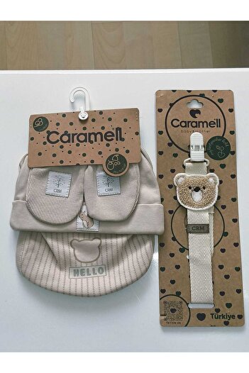 Caramell My Baby Kumsal 3-Piece Set Accessories Gloves Bib Beanie Hello Forest 2073 and Pacifier Strap with Teddy Bear