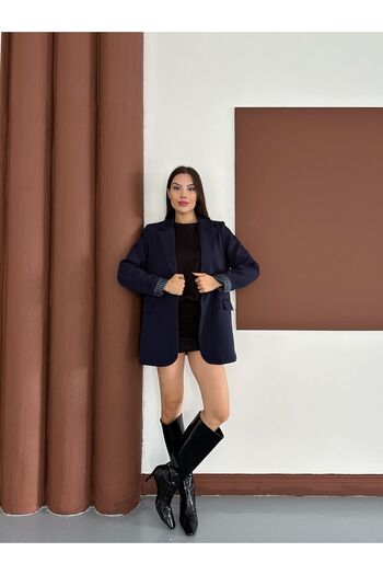 aytenli Oversize Double Striped Lined Buttoned Pocketed Long Blazer Jacket