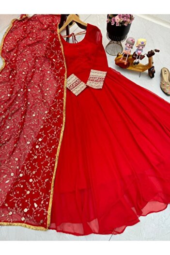 MYSMAR Red Faux Georgette Gown - PMM16743 | Red