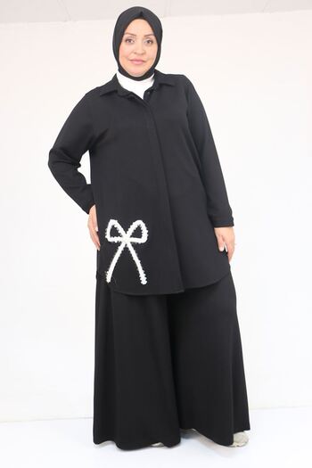 Eslina 57055 Plus Size Shirt Buttoned Pants Modal Suit - Black