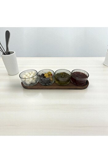 Kulvar 4-Piece Paşabahçe Timeless Glass Breakfast & Snack Set with Long Wooden Lid Tray