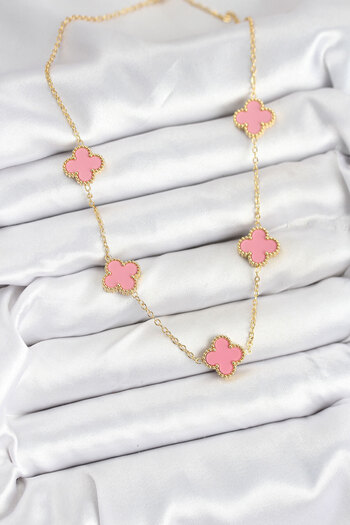 Mustran 316L Steel Chain Gold Pink Color Clover Women Necklace